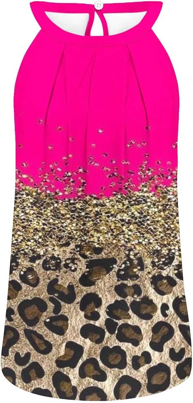 Women Fashion Halter Neck Printed Tank Tops Loose Pullover Blouse Summer Casual Round Neck Strap Tops