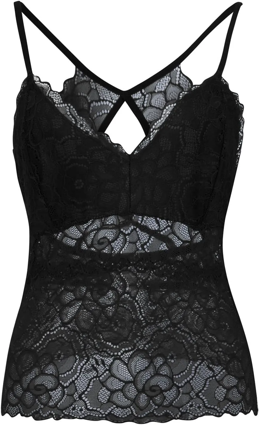 Women Floral Lace Cami Crop Top Sleeveless Cut Out Back Spaghetti Strap Slim Yoga Workout Tank Tops Sexy Camisoles