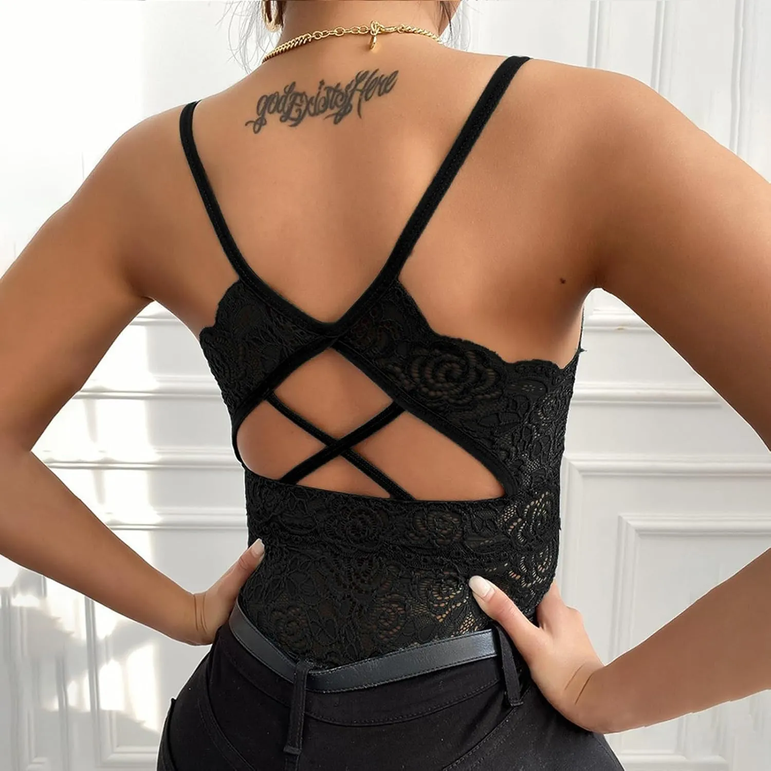 Women Floral Lace Cami Crop Top Sleeveless Cut Out Back Spaghetti Strap Slim Yoga Workout Tank Tops Sexy Camisoles
