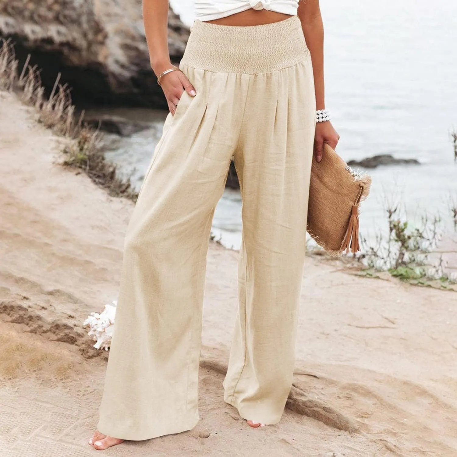 Women Linen Pants Casual Baggy Wide Leg Pants High Waisted Lounge Pants with Pockets Summer Lightweight Beach Pants