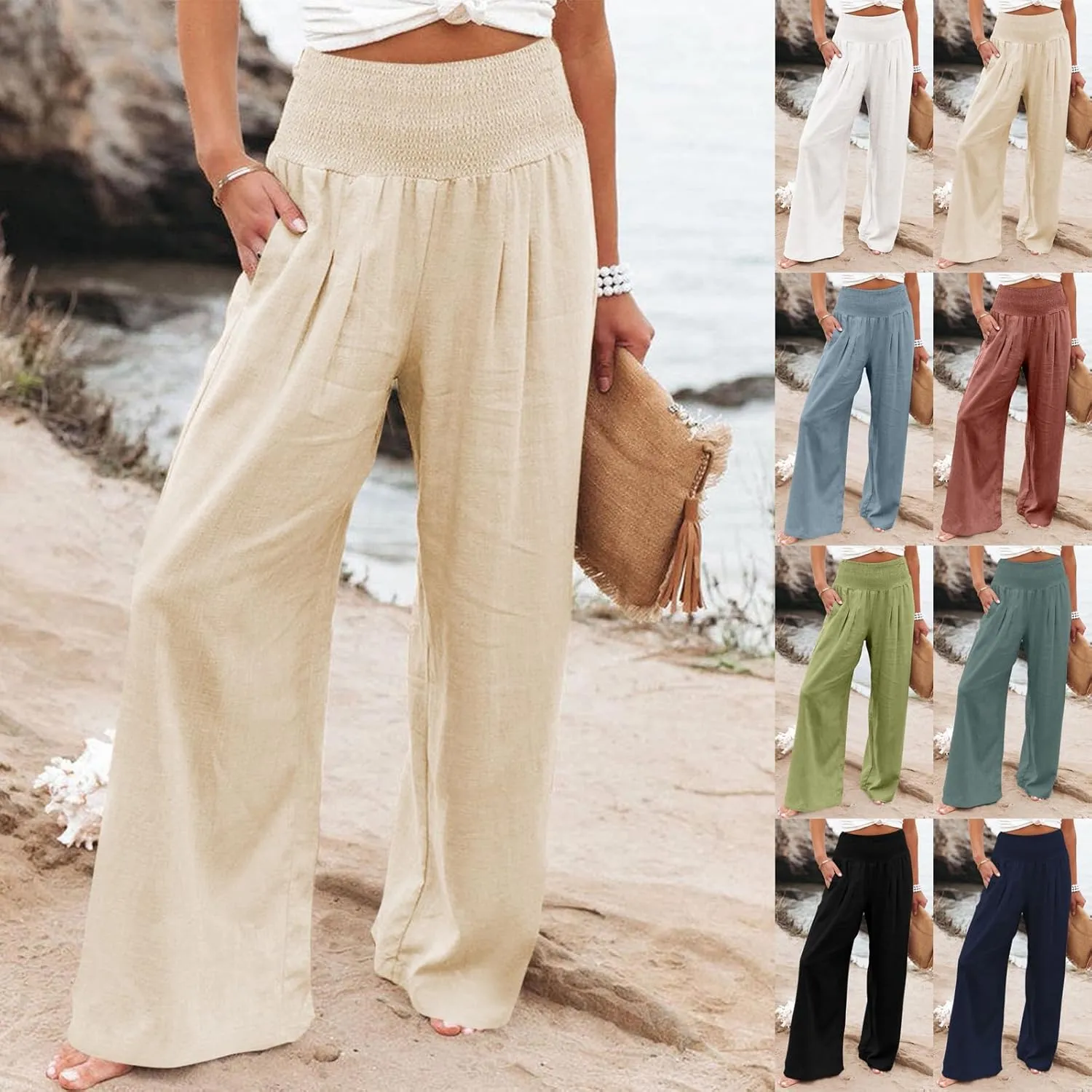 Women Linen Pants Casual Baggy Wide Leg Pants High Waisted Lounge Pants with Pockets Summer Lightweight Beach Pants