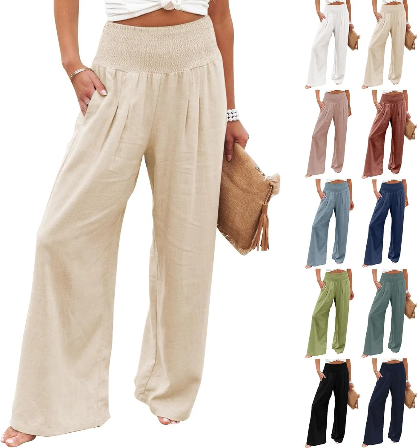 Women Linen Pants Casual Baggy Wide Leg Pants High Waisted Lounge Pants with Pockets Summer Lightweight Beach Pants