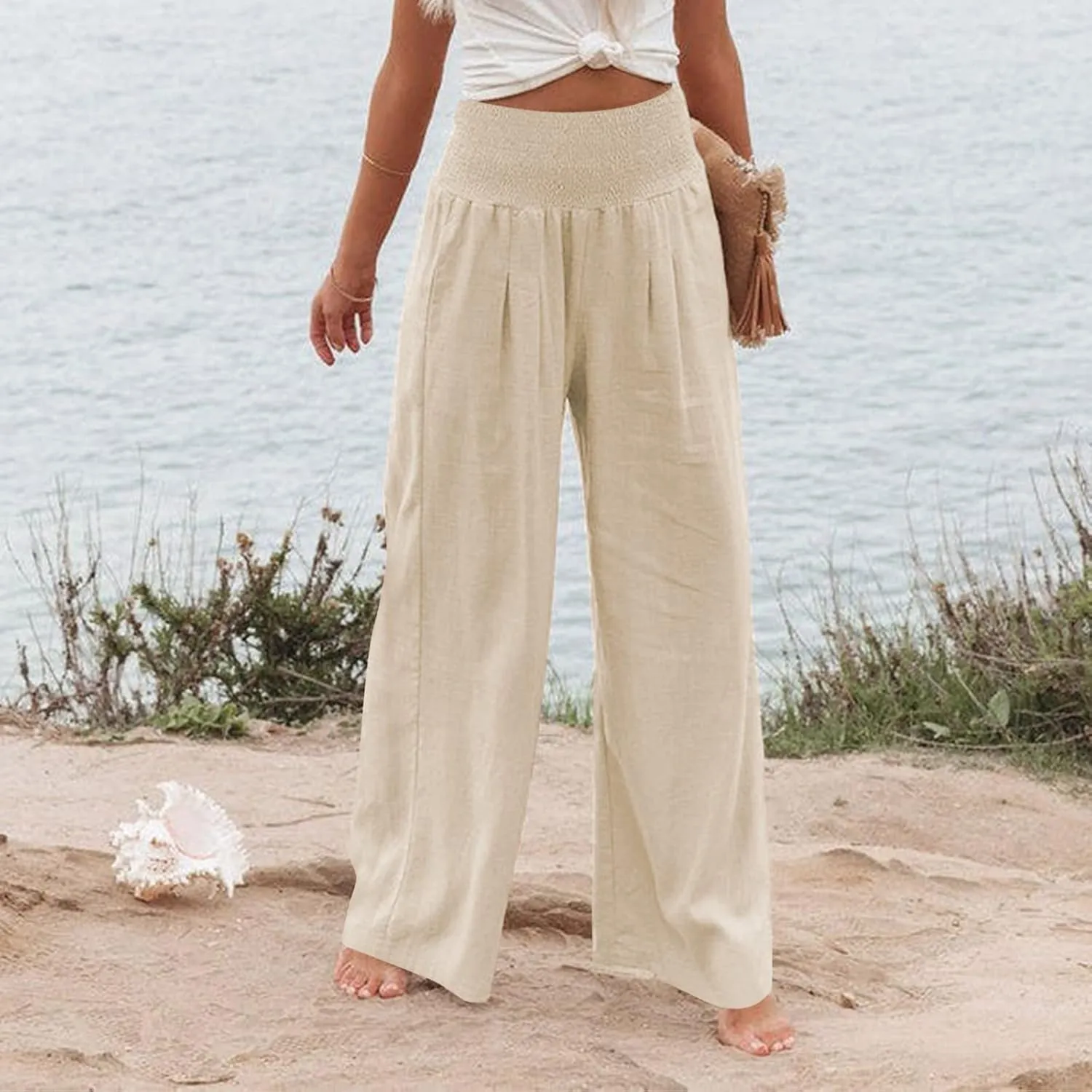 Women Linen Pants Casual Baggy Wide Leg Pants High Waisted Lounge Pants with Pockets Summer Lightweight Beach Pants