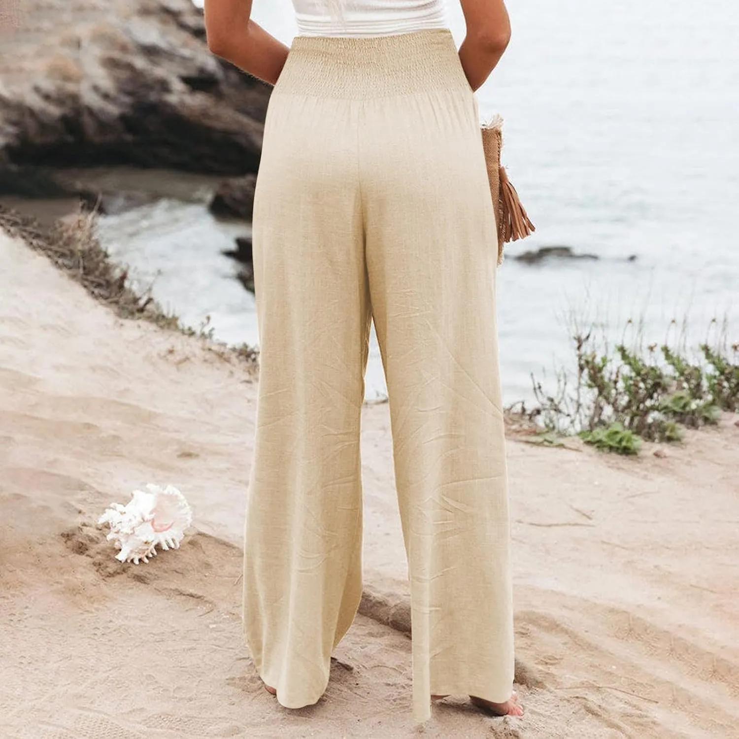 Women Linen Pants Casual Baggy Wide Leg Pants High Waisted Lounge Pants with Pockets Summer Lightweight Beach Pants