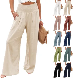 Women Linen Pants Casual Baggy Wide Leg Pants High Waisted Lounge Pants with Pockets Summer Lightweight Beach Pants