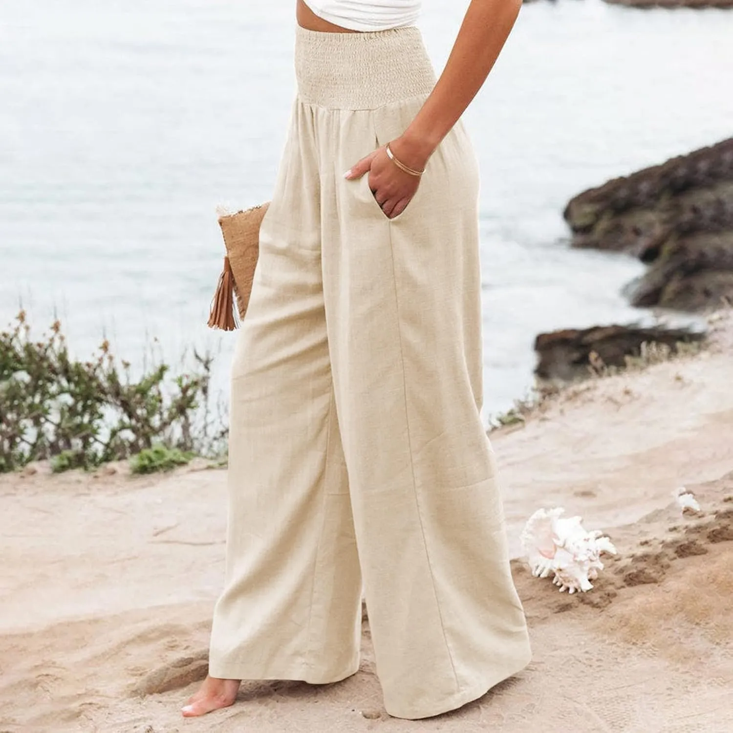 Women Linen Pants Casual Baggy Wide Leg Pants High Waisted Lounge Pants with Pockets Summer Lightweight Beach Pants