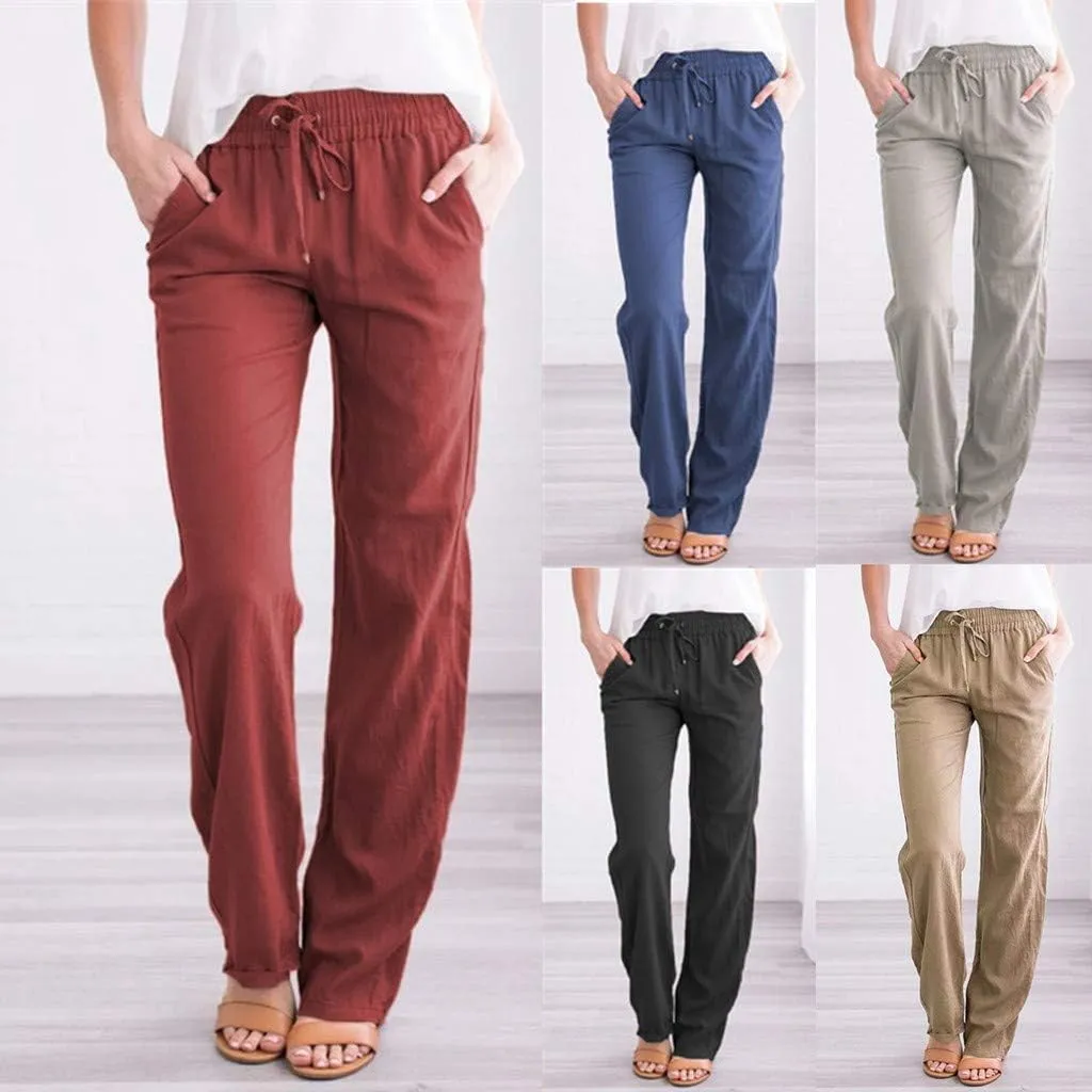 Women Linen Pants Casual Straight Leg Pants Drawstring Waist Long Pants Comfy Work Trousers Summer Jogger Pants Plus
