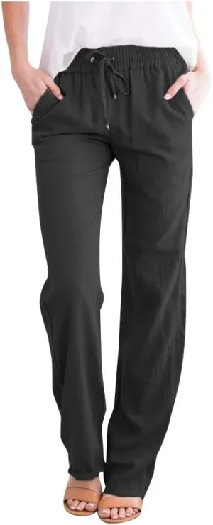 Women Linen Pants Casual Straight Leg Pants Drawstring Waist Long Pants Comfy Work Trousers Summer Jogger Pants Plus