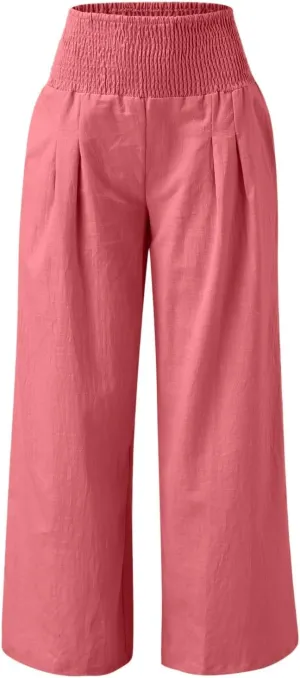 Women Linen Pants Straight Leg Tummy Control Summer Casual Palazzo Trouser with Pockets Womens Trendy Baggy Pants