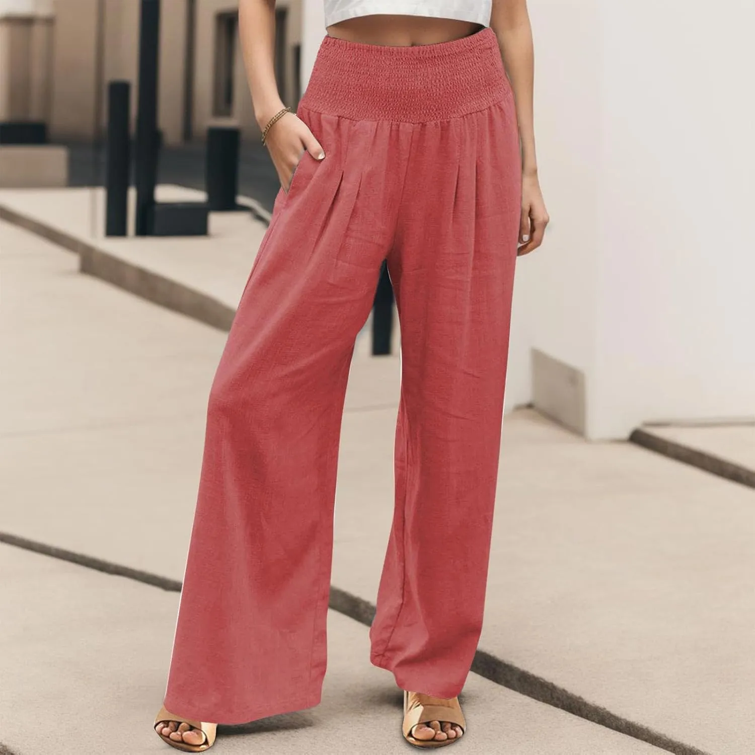 Women Linen Pants Straight Leg Tummy Control Summer Casual Palazzo Trouser with Pockets Womens Trendy Baggy Pants