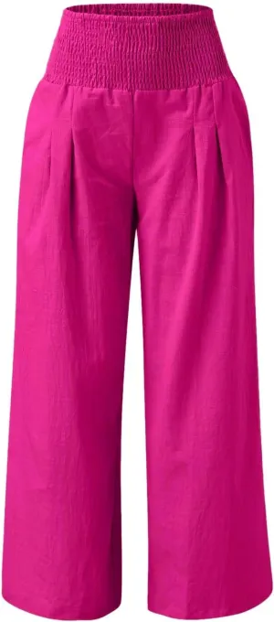 Women Linen Pants Straight Leg Tummy Control Summer Casual Palazzo Trouser with Pockets Womens Trendy Baggy Pants