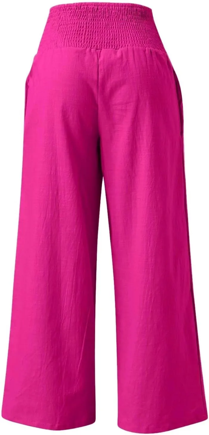 Women Linen Pants Straight Leg Tummy Control Summer Casual Palazzo Trouser with Pockets Womens Trendy Baggy Pants
