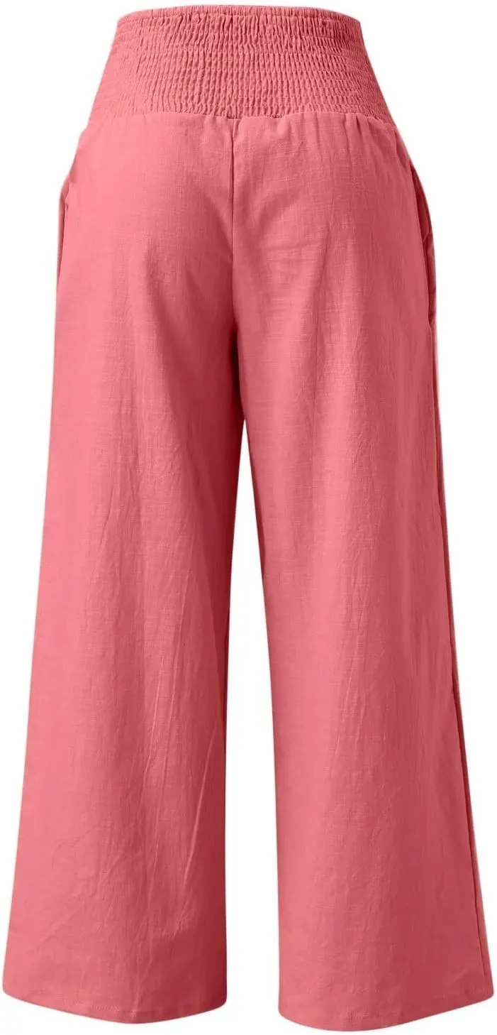 Women Linen Pants Straight Leg Tummy Control Summer Casual Palazzo Trouser with Pockets Womens Trendy Baggy Pants