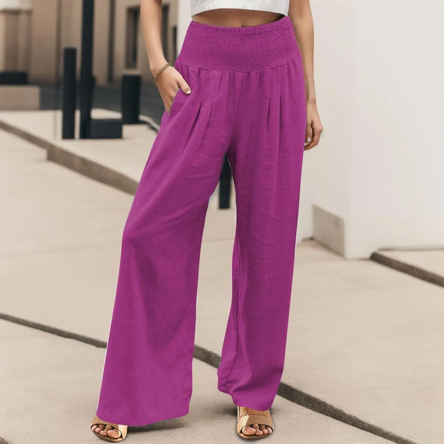 Women Linen Pants Straight Leg Tummy Control Summer Casual Palazzo Trouser with Pockets Womens Trendy Baggy Pants