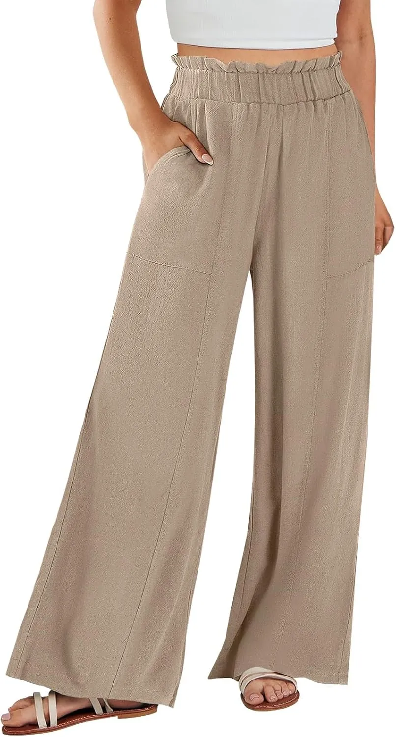Women Linen Pants Summer Wide Leg Pants with Pockets Ruffle Palazzo Pants Flowy Boho Beach Pants Lounge Pant