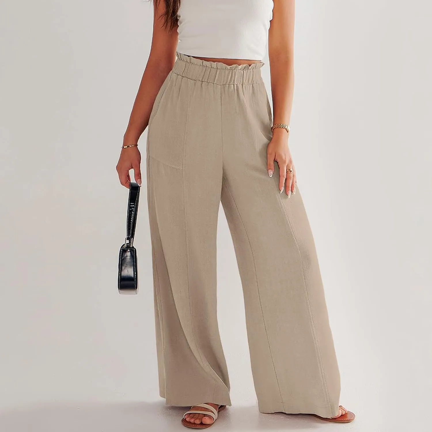 Women Linen Pants Summer Wide Leg Pants with Pockets Ruffle Palazzo Pants Flowy Boho Beach Pants Lounge Pant