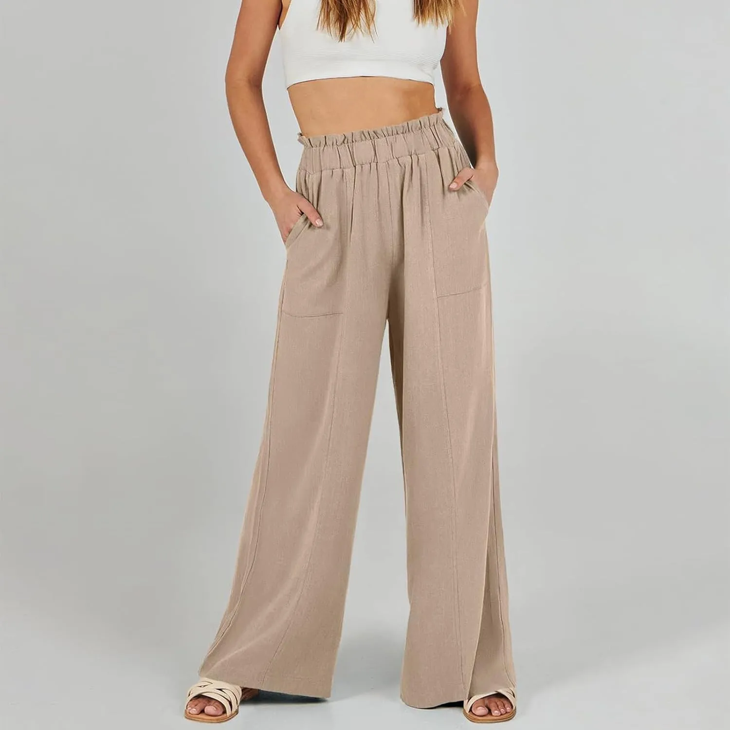 Women Linen Pants Summer Wide Leg Pants with Pockets Ruffle Palazzo Pants Flowy Boho Beach Pants Lounge Pant