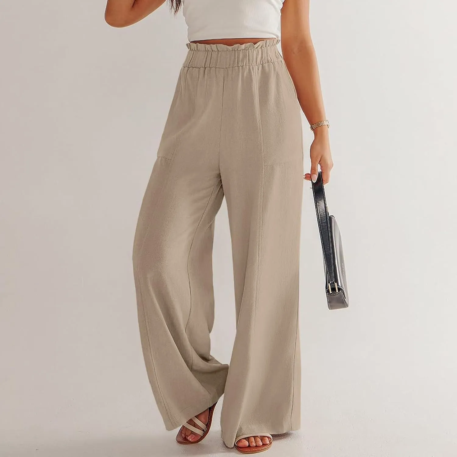 Women Linen Pants Summer Wide Leg Pants with Pockets Ruffle Palazzo Pants Flowy Boho Beach Pants Lounge Pant