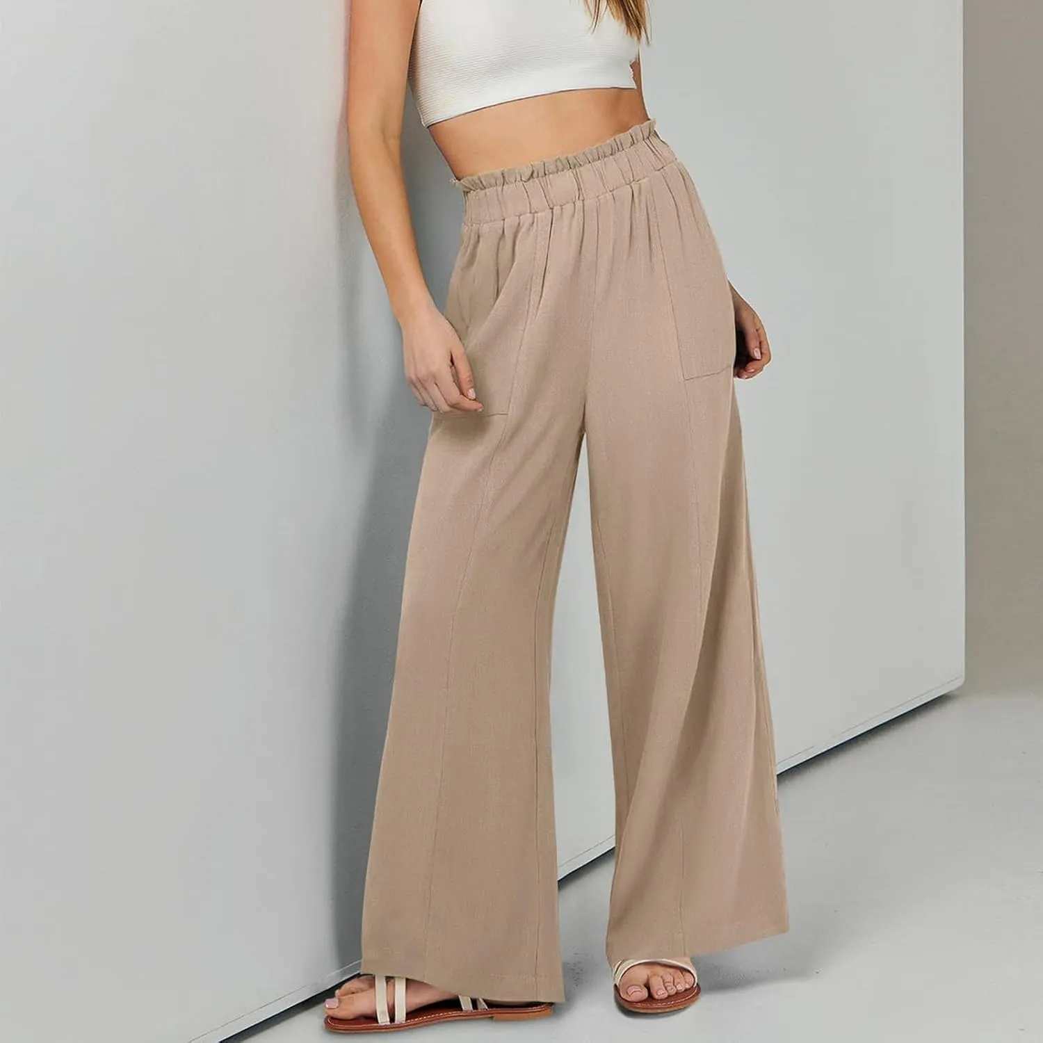 Women Linen Pants Summer Wide Leg Pants with Pockets Ruffle Palazzo Pants Flowy Boho Beach Pants Lounge Pant