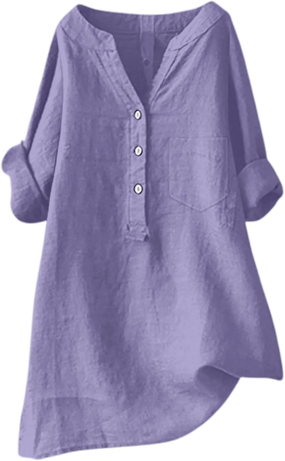 Women Linen Shirts V Neck Buttons Blouses Solid Color Soft Tee Shirt Long Sleeve Loose Fit Shirt