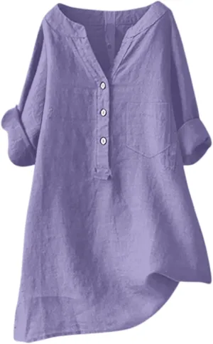 Women Linen Shirts V Neck Buttons Blouses Solid Color Soft Tee Shirt Long Sleeve Loose Fit Shirt
