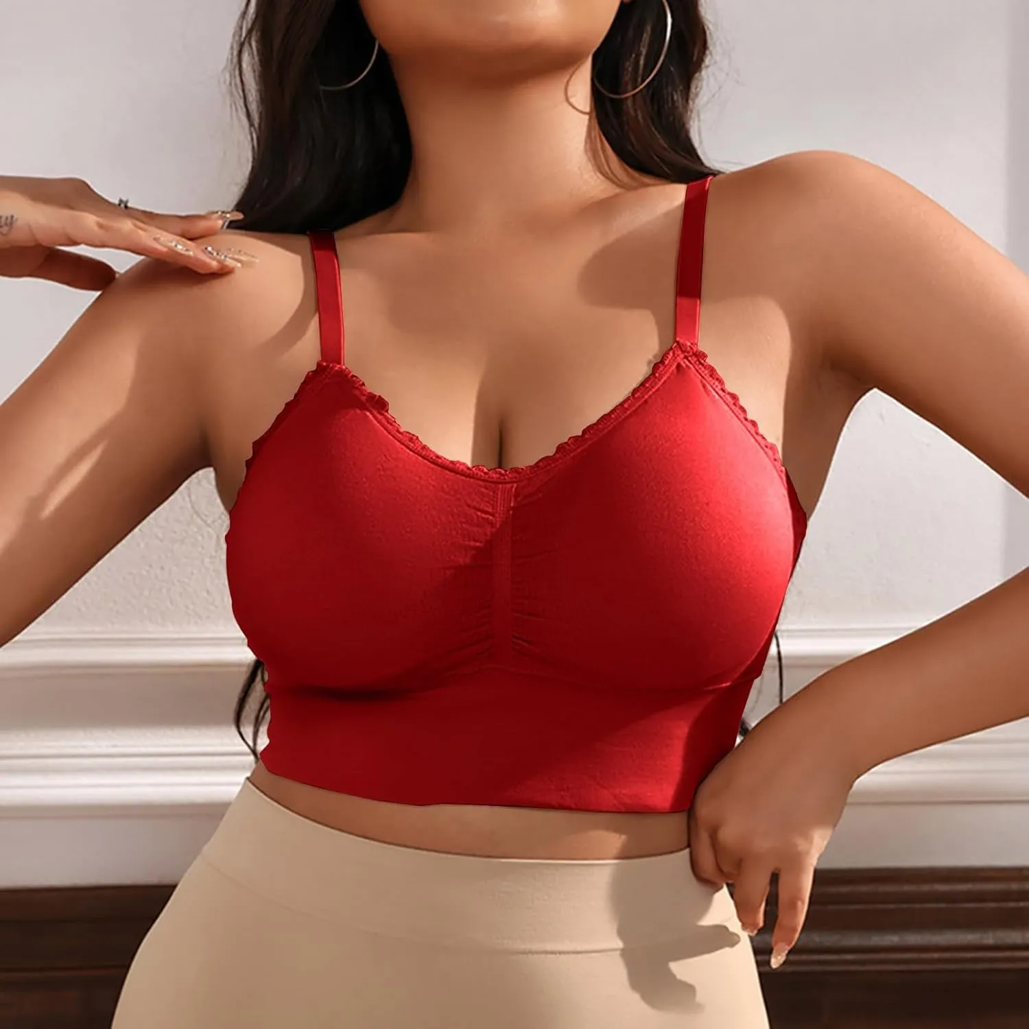 Women Plus Size Spaghetti Strap Cami Sport Bras Push Up Crop Tops Breathable Casual Yoga Cami Tank Tops with Pad