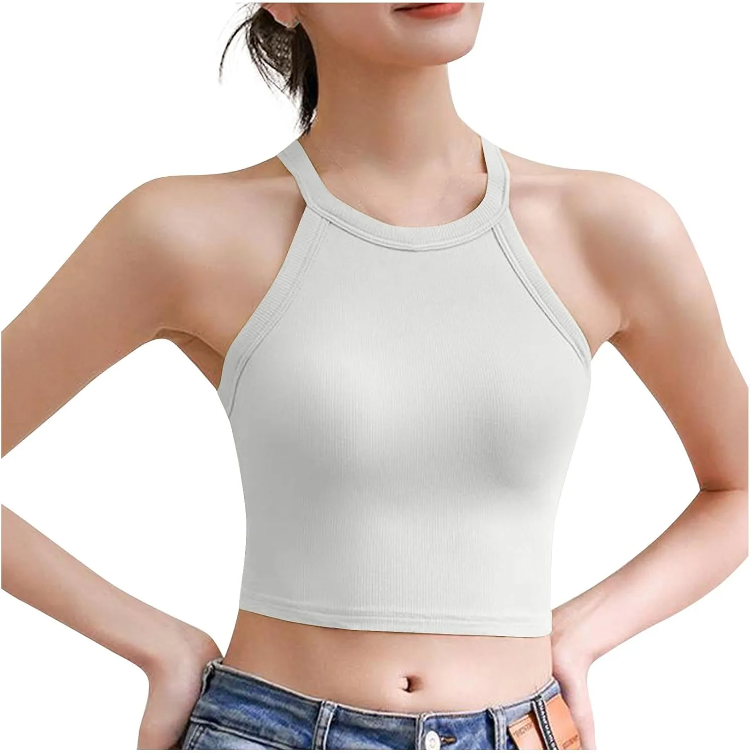 Women Ribbed Halter Yoga Tank Tops Summer Built in Bra Slim Fit Crop Camisole Casual Comfy Workout Sleeveless Shirts