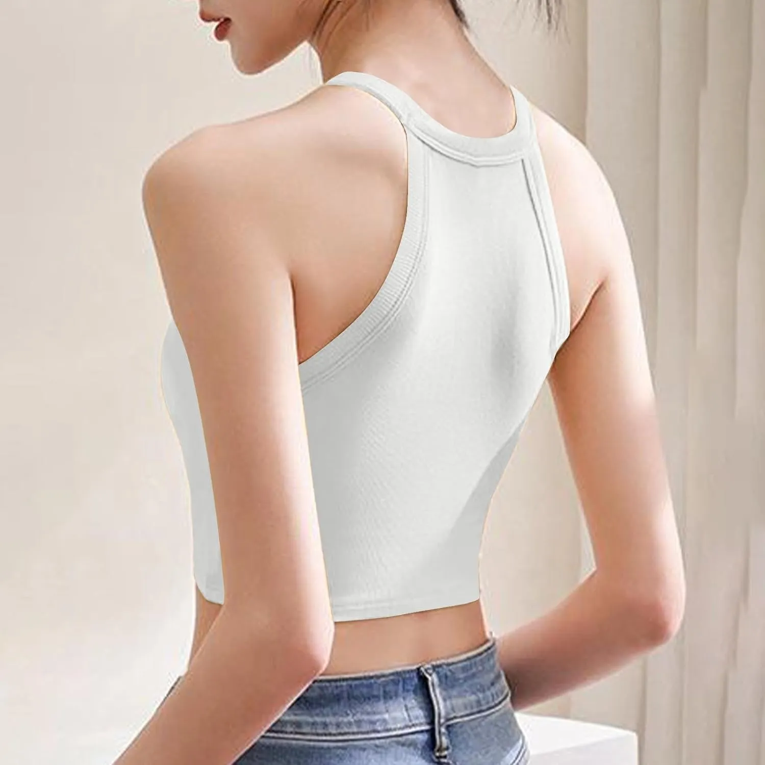 Women Ribbed Halter Yoga Tank Tops Summer Built in Bra Slim Fit Crop Camisole Casual Comfy Workout Sleeveless Shirts