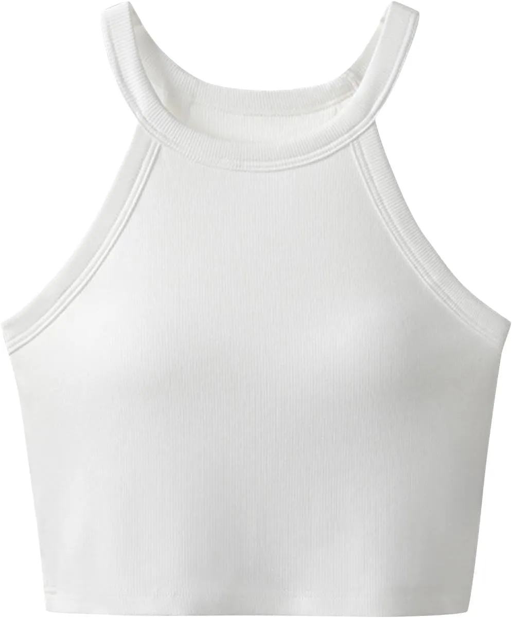 Women Ribbed Halter Yoga Tank Tops Summer Built in Bra Slim Fit Crop Camisole Casual Comfy Workout Sleeveless Shirts