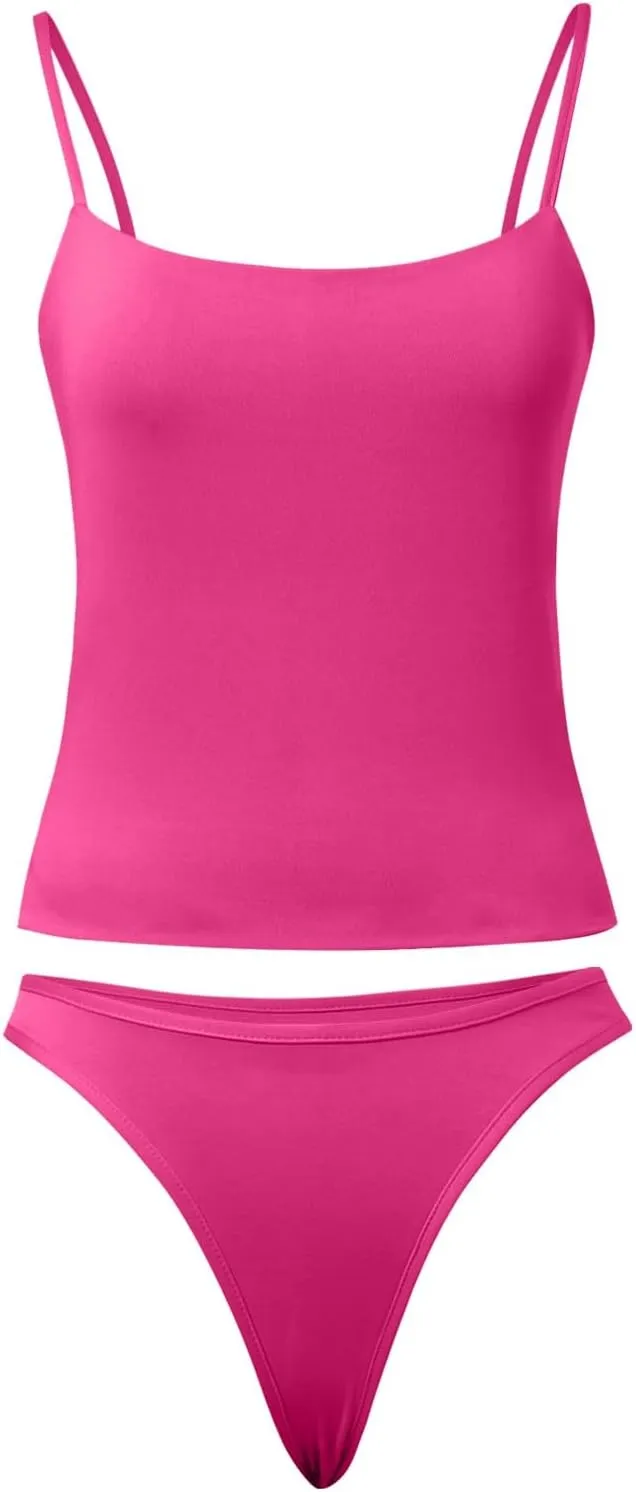Women Sexy Square Neck Tank Top Summer Y2K Going Out Basic Cami Shirt with Brief Set Double Lined Sleeveless Camisoles