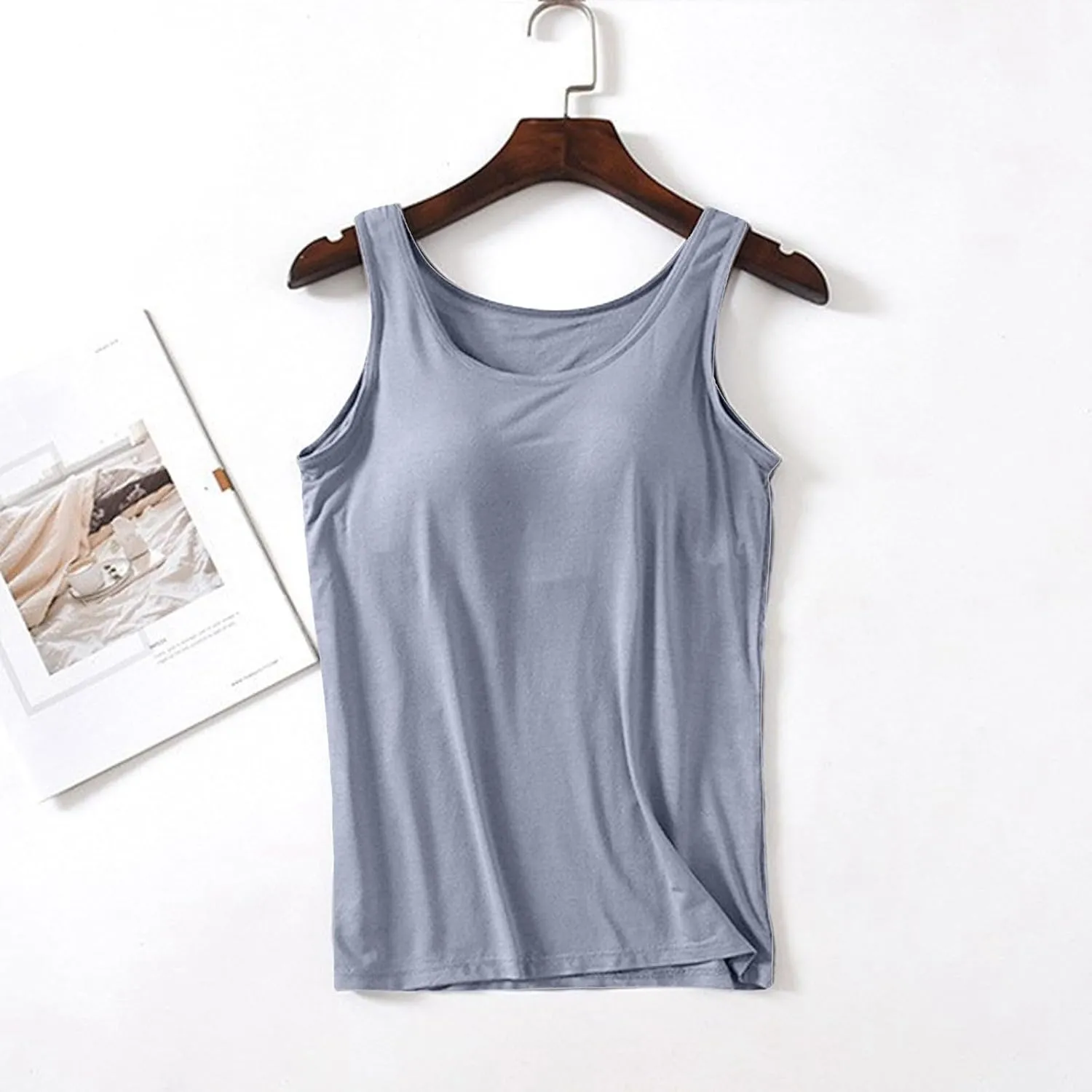 Women Shelf Bra Tank Tops Spaghetti Straps Basic Padded Camisole Yoga Shirts Cotton Undershirt