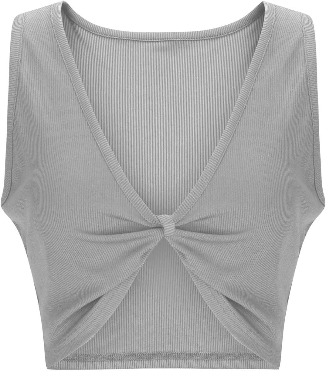 Women Twist Knot Front Tank Tops Summer Y2K V Neck Sleeveless Crop Top Casual Slim Fit Ribbed Yoga Beach Tanks Tee