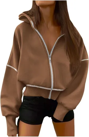 Women Y2K Cropped Hoodie Jackets Zip Up Drop Shoulder Long Sleeve Outwear Winter Casual Loose Fit Fleece Sweatshirt