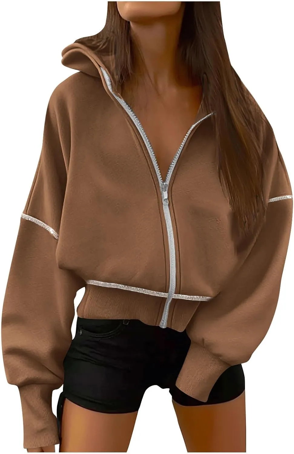 Women Y2K Cropped Hoodie Jackets Zip Up Drop Shoulder Long Sleeve Outwear Winter Casual Loose Fit Fleece Sweatshirt