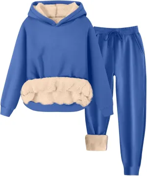 Womens 2 Piece Outfits Fleece Lined Hoodie Sweatsuit Sets Oversized Sweatshirt Warm Sweatshirts and Pants Sets