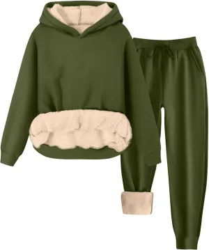 Womens 2 Piece Outfits Fleece Lined Hoodie Sweatsuit Sets Oversized Sweatshirt Warm Sweatshirts and Pants Sets