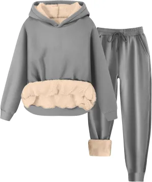 Womens 2 Piece Outfits Fleece Lined Hoodie Sweatsuit Sets Oversized Sweatshirt Warm Sweatshirts and Pants Sets