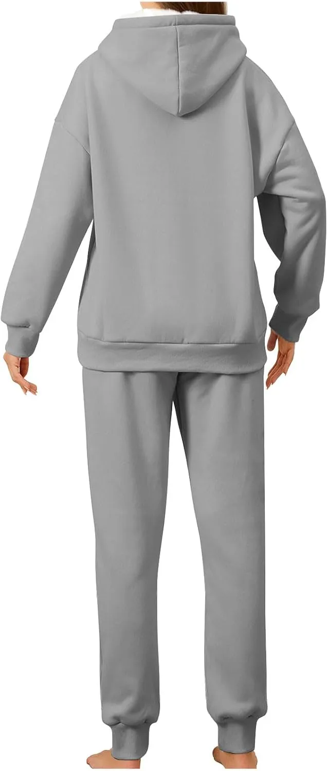 Womens 2 Piece Outfits Fleece Lined Hoodie Sweatsuit Sets Oversized Sweatshirt Warm Sweatshirts and Pants Sets