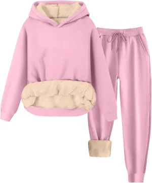 Womens 2 Piece Outfits Fleece Lined Hoodie Sweatsuit Sets Oversized Sweatshirt Warm Sweatshirts and Pants Sets