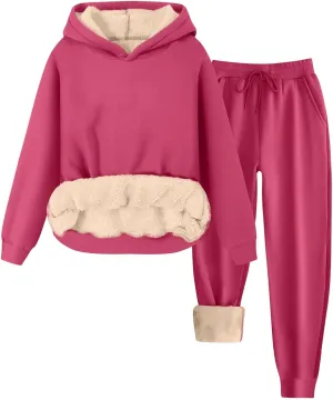 Womens 2 Piece Outfits Fleece Lined Hoodie Sweatsuit Sets Oversized Sweatshirt Warm Sweatshirts and Pants Sets