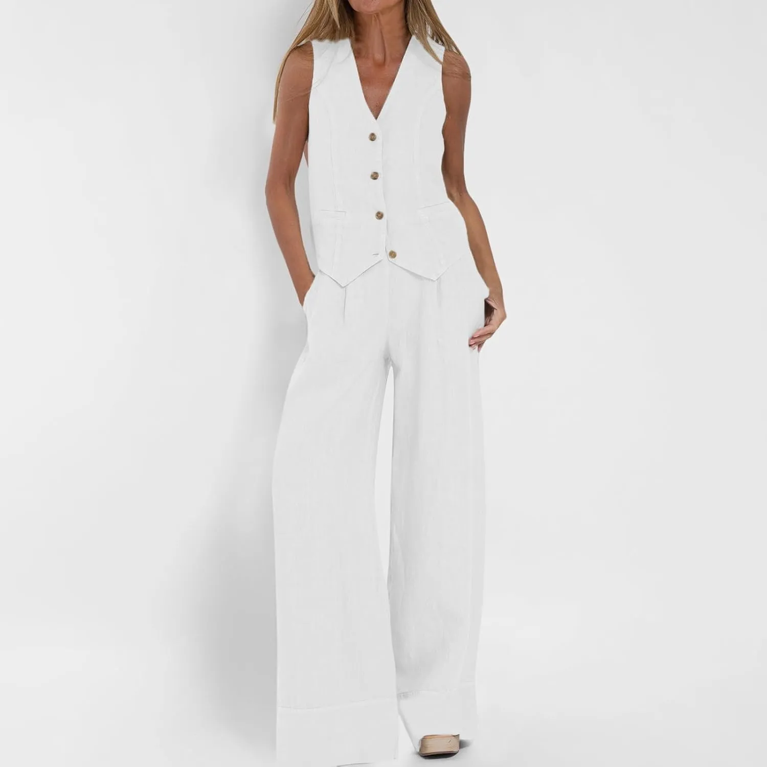 Womens 2 Piece Sets Summer Button Down Vest and Wide Leg Pants Suits Linen Business Casual Outfits V Neck Blazer Sets