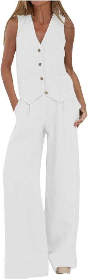 Womens 2 Piece Sets Summer Button Down Vest and Wide Leg Pants Suits Linen Business Casual Outfits V Neck Blazer Sets