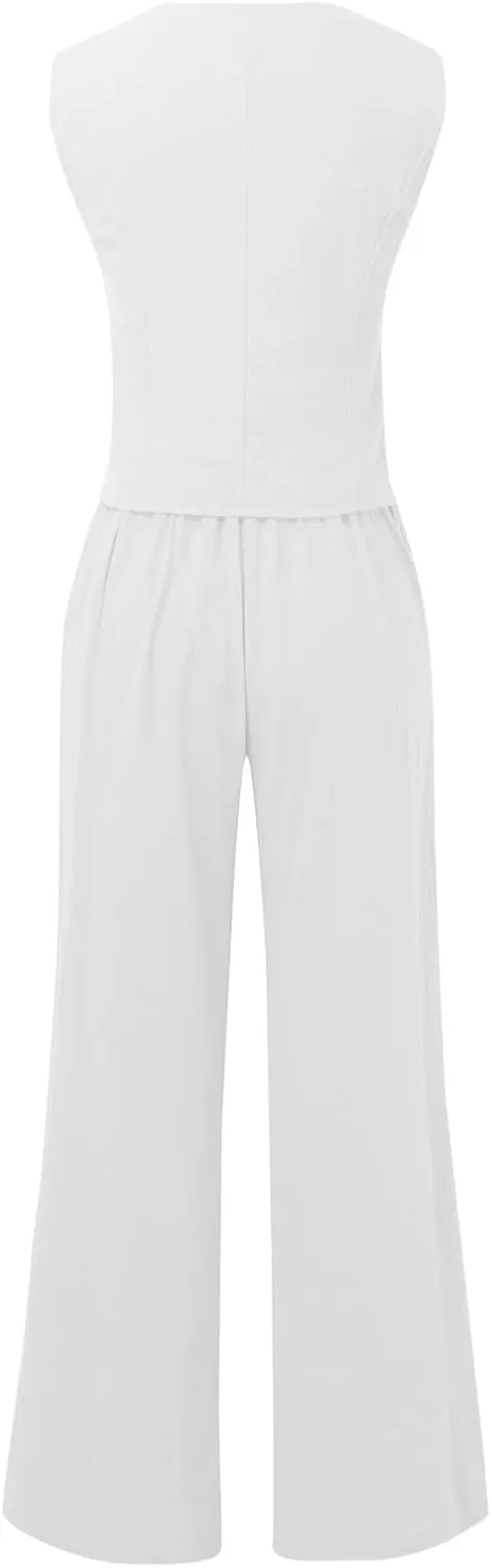 Womens 2 Piece Sets Summer Button Down Vest and Wide Leg Pants Suits Linen Business Casual Outfits V Neck Blazer Sets