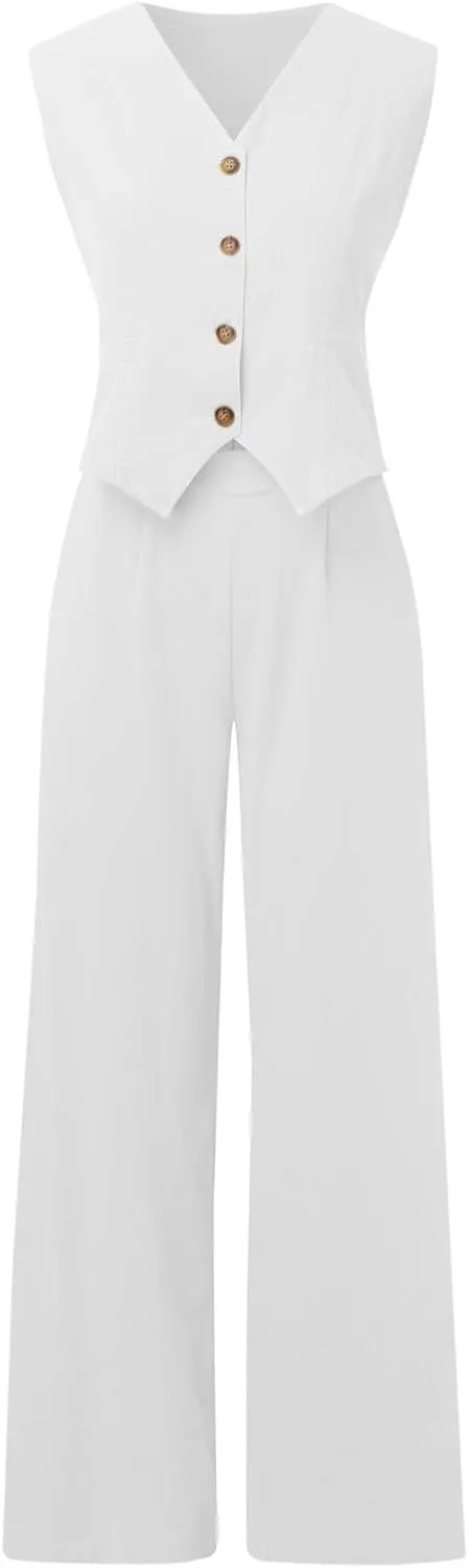 Womens 2 Piece Sets Summer Button Down Vest and Wide Leg Pants Suits Linen Business Casual Outfits V Neck Blazer Sets