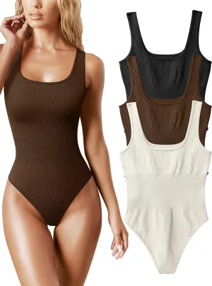 Women's 3 Piece Bodysuits Sexy Ribbed Sleeveless Square Neck Sleeveless Tank Tops Bodysuits