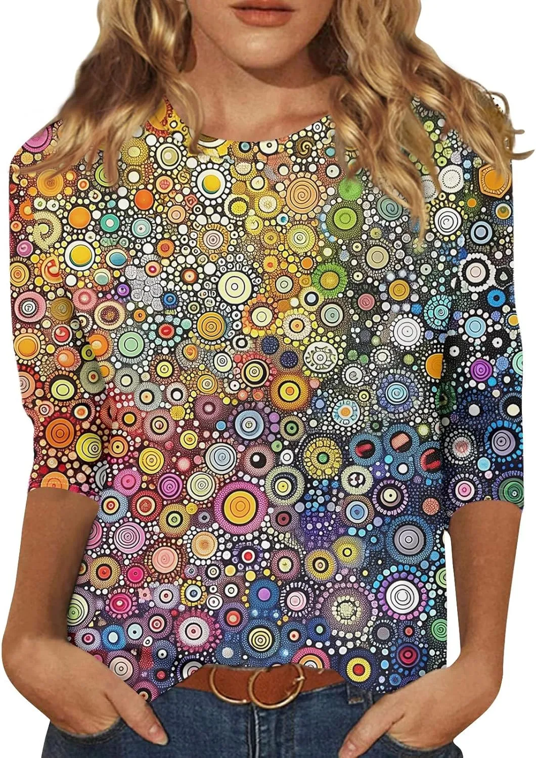 Women's 3/4 Sleeve Shirts Crew Neck Loose Tops Casual Solid Color Tshirts Trendy Basic Tunic Summer Ladies Tops