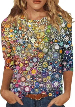 Women's 3/4 Sleeve Shirts Crew Neck Loose Tops Casual Solid Color Tshirts Trendy Basic Tunic Summer Ladies Tops