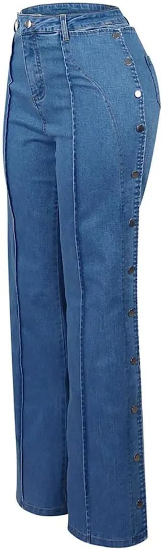 Women's Autumn High-Waisted Jeans Y2K Stretch Jeans Double-Side Button-on-Both-Sides Straight-Leg Jeans Casual Jeans