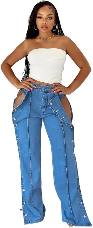 Women's Autumn High-Waisted Jeans Y2K Stretch Jeans Double-Side Button-on-Both-Sides Straight-Leg Jeans Casual Jeans