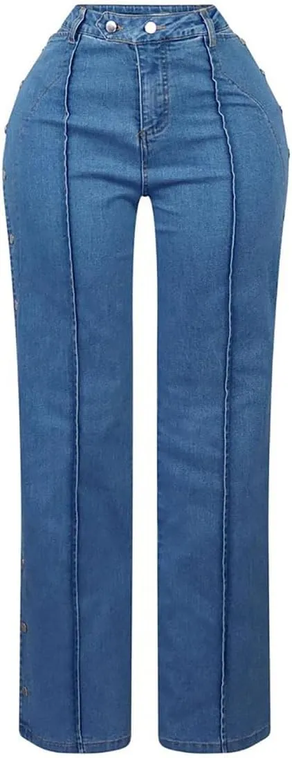 Women's Autumn High-Waisted Jeans Y2K Stretch Jeans Double-Side Button-on-Both-Sides Straight-Leg Jeans Casual Jeans